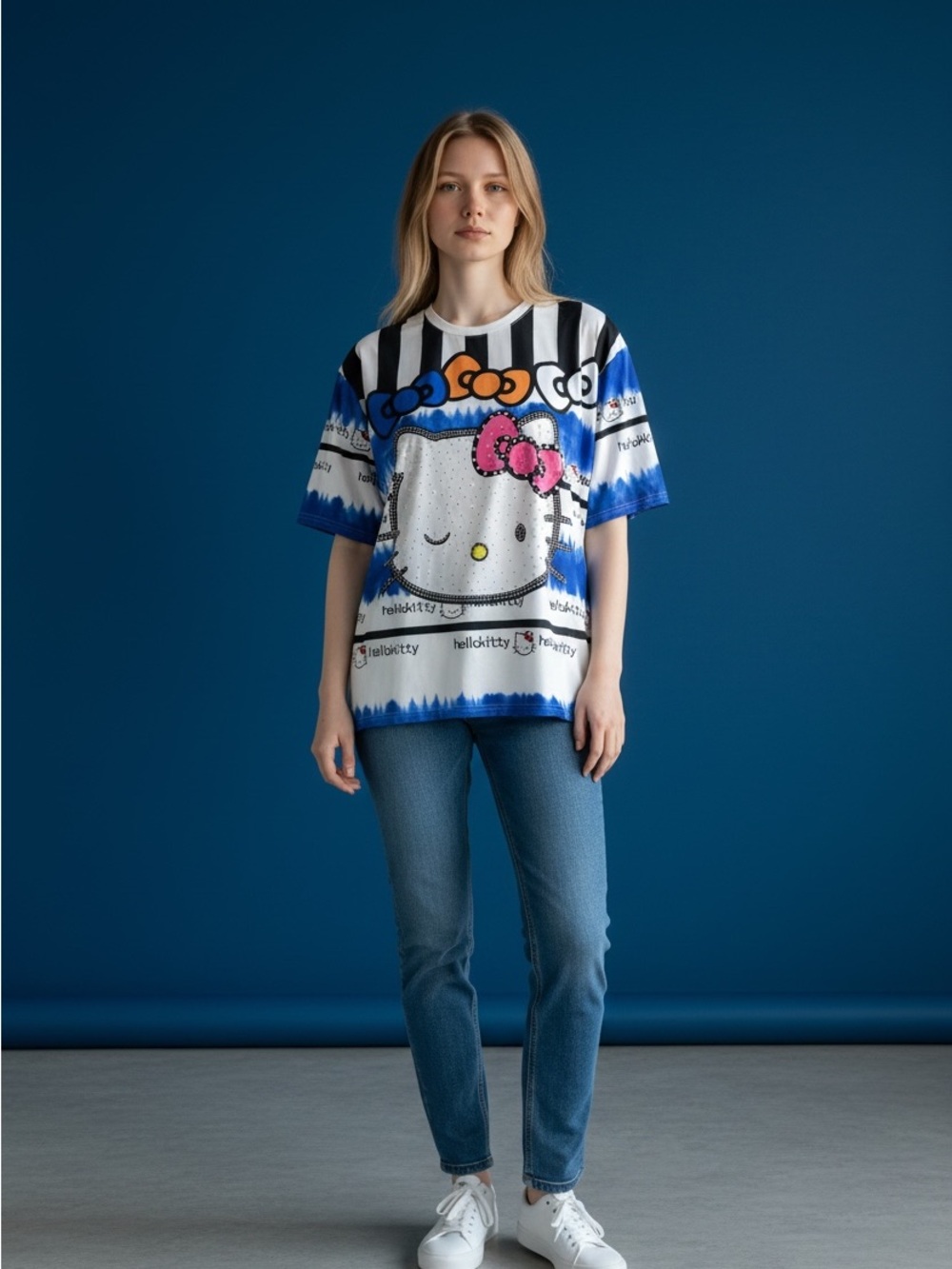Hello Kitty Blue, White & Black Graphic Tee with Pink Bow- NEW no tag.